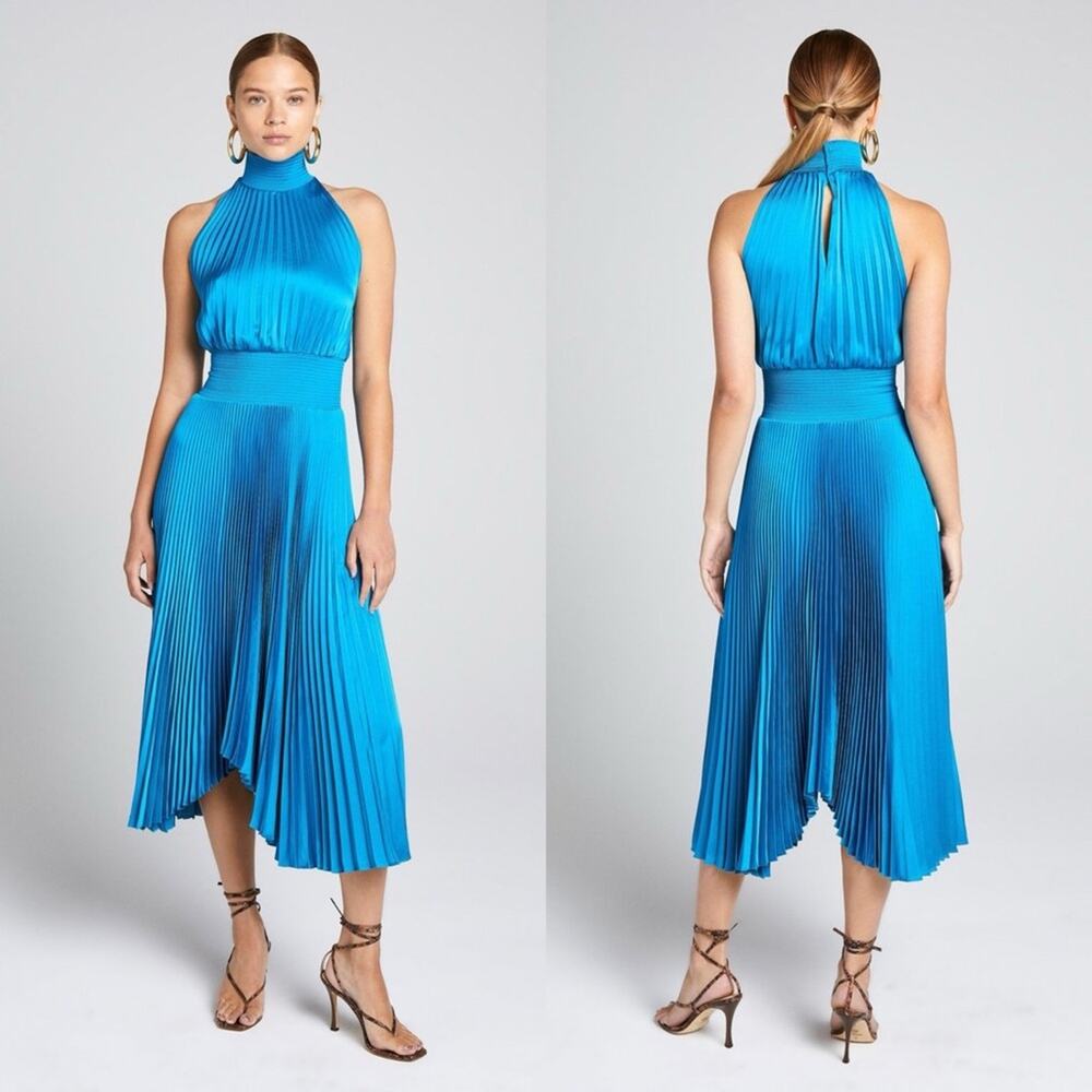 A.L.C. Renzo Sleeveless Smocked Pleated Midi Dress in Blue Green Size 0
